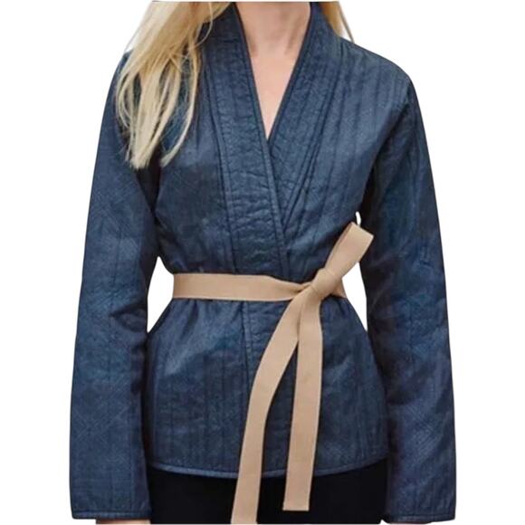 Aritzia Golden TNA Harmon Kimono Open Jacket Quilted Night Navy Tonal Mura S - Picture 1 of 5